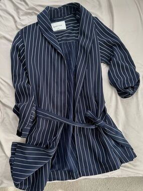 Babaton Navy and White Pinstripe Belted Shawl Blazer
